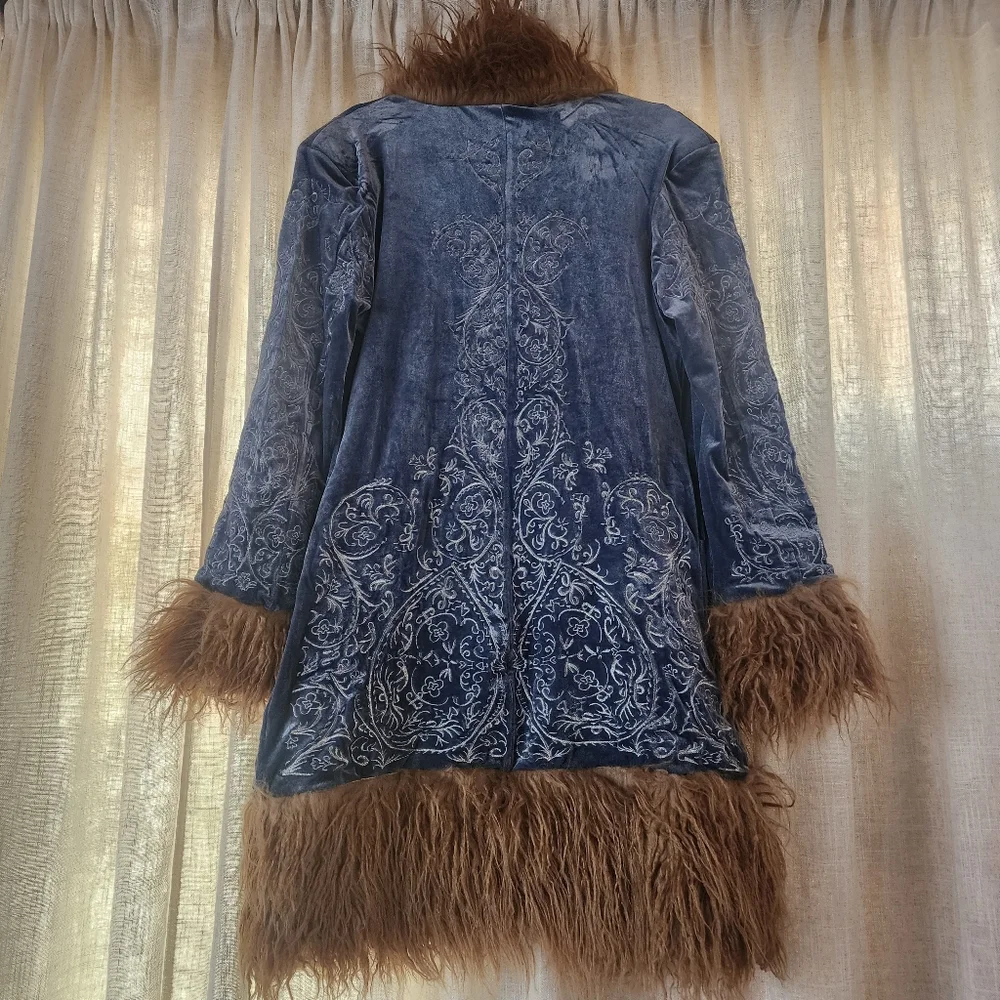 Free People Understated Moon Glow Blue Velvet Coat with Brown Faux Fur Trim